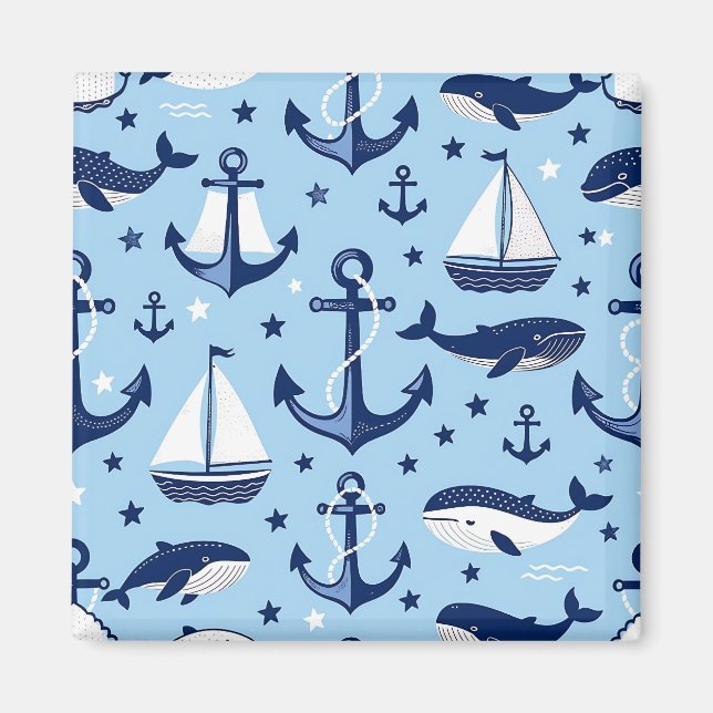 Nautical Whales Anchors Sailboats Pattern Magnet (Front)