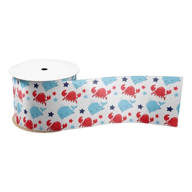 Nautical Whales and Crabs Pattern Satin Ribbon (Spool)