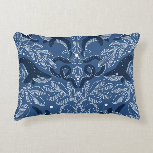 Nautical whales, damask texture pattern. decorative cushion (Front)