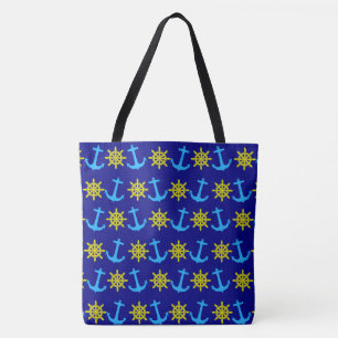 Nautical wheel and Anchor Pattern Fun Beach Tote Bag