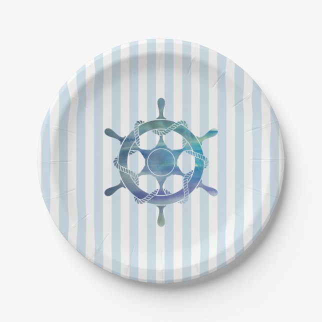 Nautical Wheel Coastal Stripe Paper Plates (Front)
