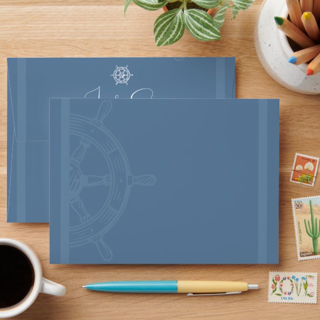 Nautical Wheel Dusty Blue Return Address Envelope (Desk)