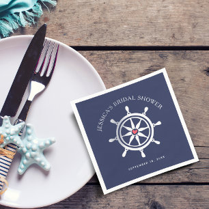 Nautical Wheel Navy Blue Bridal Shower Paper Napkin