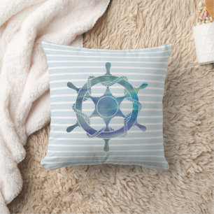 Nautical Wheel Ocean Blue Stripe Ship Cushion