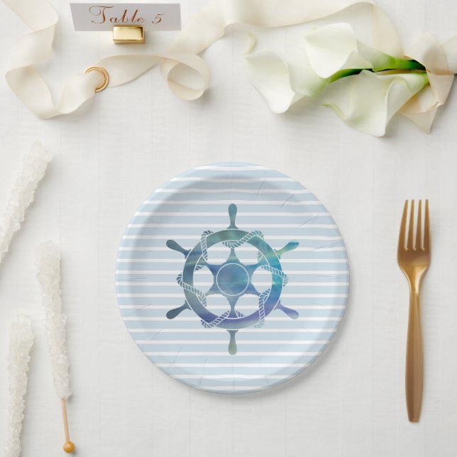 Nautical Wheel Ocean Blue Stripe Ship Paper Plate (Wedding)