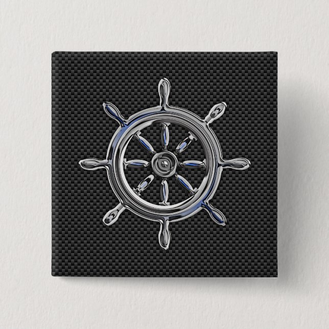 Nautical Wheel on Carbon Fibre Decor 15 Cm Square Badge (Front)