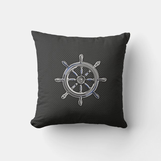 Nautical Wheel on Carbon Fibre Decor Cushion (Front)