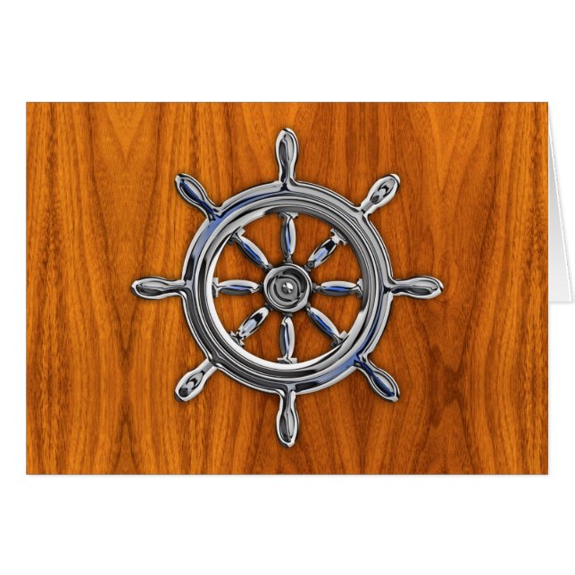 Nautical Wheel on Teak Veneer (Front Horizontal)