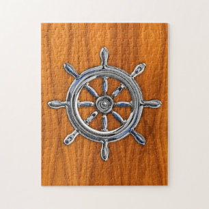 Nautical Wheel on Teak Veneer Jigsaw Puzzle