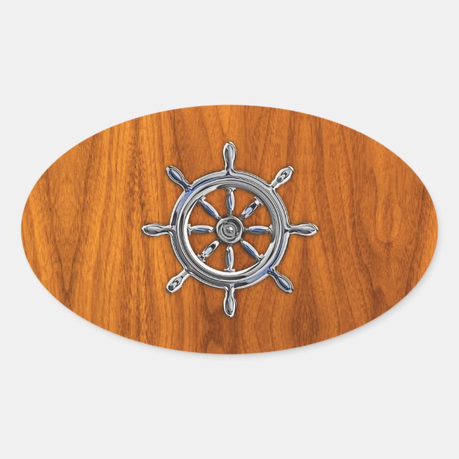 Nautical Wheel on Teak Veneer Oval Sticker (Front)