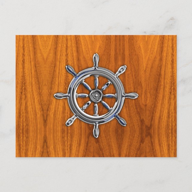 Nautical Wheel on Teak Veneer Postcard (Front)