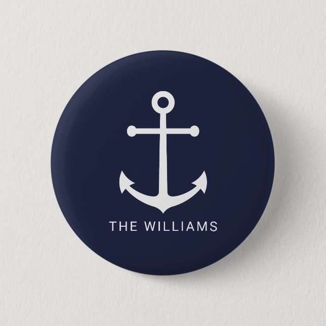 Nautical White Anchor and Custom Name on Navy Blue 6 Cm Round Badge (Front)