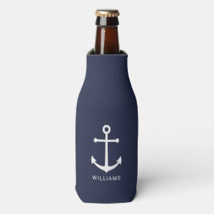 Nautical White Anchor and Custom Name on Navy Blue Bottle Cooler