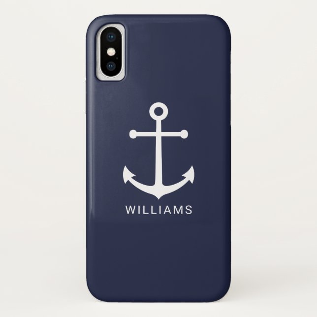 Nautical White Anchor and Custom Name on Navy Blue Case-Mate iPhone Case (Back)
