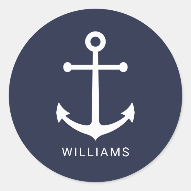 Nautical White Anchor and Custom Name on Navy Blue Classic Round Sticker (Front)
