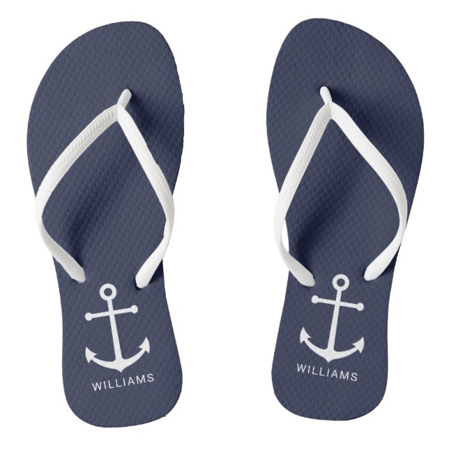 Nautical White Anchor and Custom Name on Navy Blue Flip Flops (Footbed)