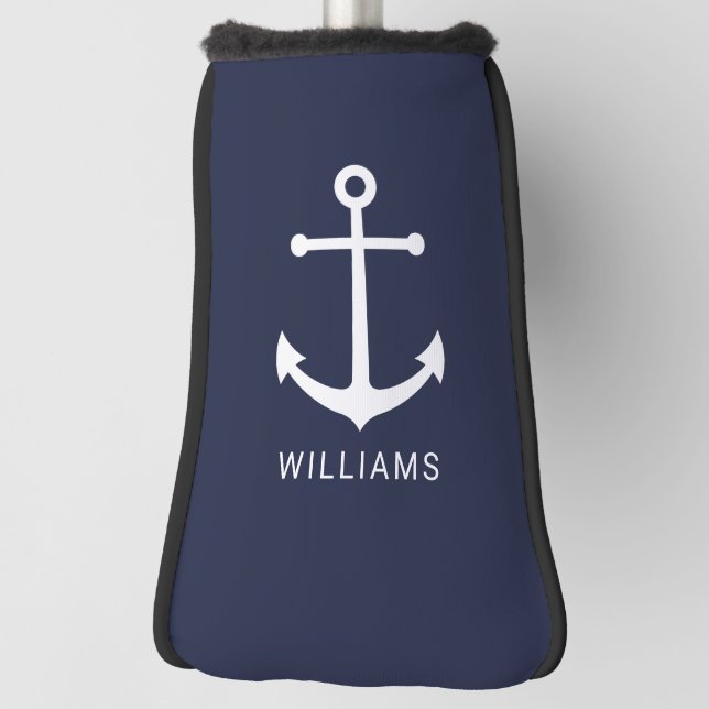 Nautical White Anchor and Custom Name on Navy Blue Golf Head Cover (Rotate 90)