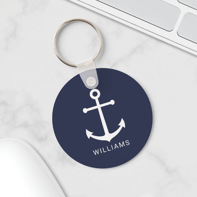 Nautical White Anchor and Custom Name on Navy Blue Key Ring (Creator Uploaded)