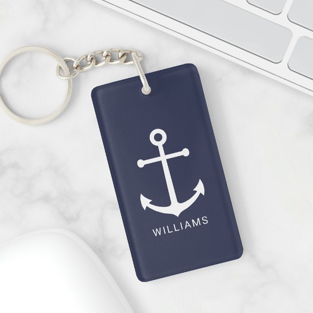 Nautical White Anchor and Custom Name on Navy Blue Key Ring (Creator Uploaded)