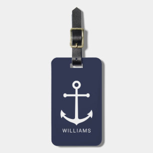 Nautical White Anchor and Custom Name on Navy Blue Luggage Tag