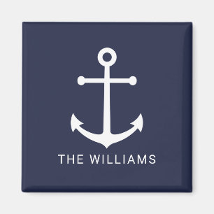 Nautical White Anchor and Custom Name on Navy Blue Magnet