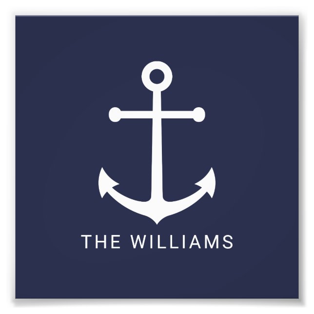 Nautical White Anchor and Custom Name on Navy Blue Photo Print (Front)