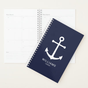 Nautical White Anchor and Custom Name on Navy Blue Planner