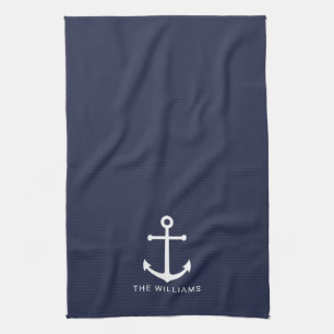 Nautical White Anchor and Custom Name on Navy Blue Tea Towel