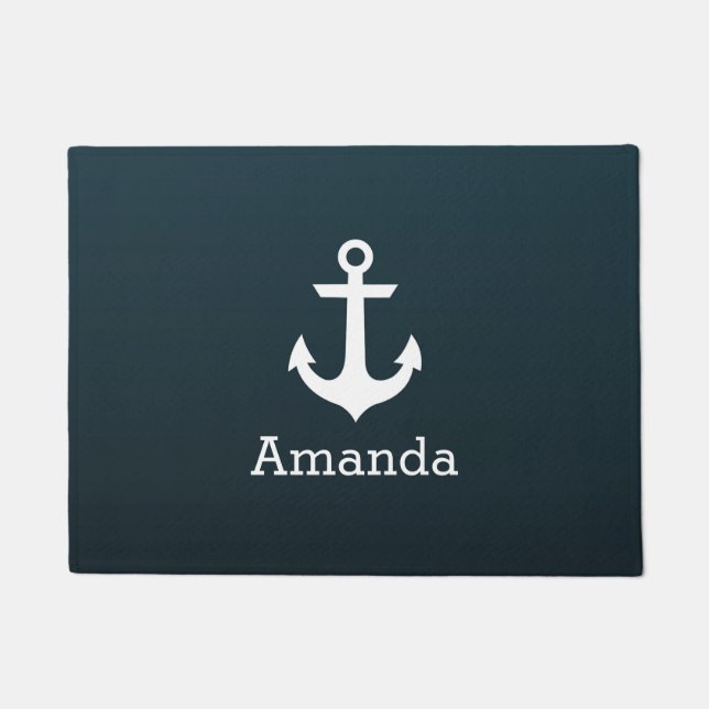 Nautical White Anchor Blue Ombre Personalised Name Doormat (Front)