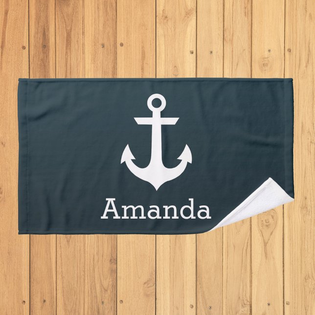 Nautical White Anchor Blue Ombre Personalised Name Hand Towel (Creator Uploaded)