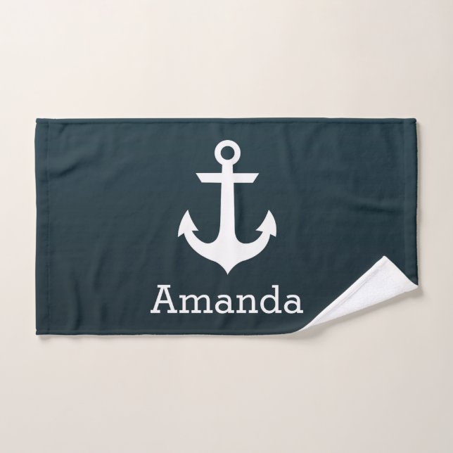 Nautical White Anchor Blue Ombre Personalised Name Hand Towel (Hand Towel)