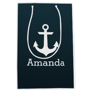 Nautical White Anchor Blue Ombre Personalised Name Medium Gift Bag