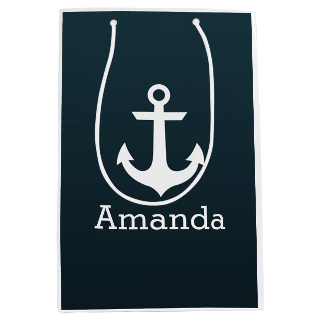 Nautical White Anchor Blue Ombre Personalised Name Medium Gift Bag (Front)