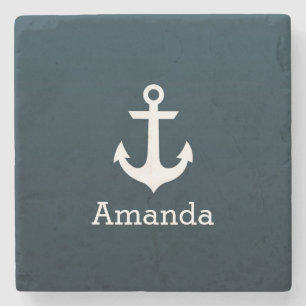 Nautical White Anchor Blue Ombre Personalised Name Stone Coaster