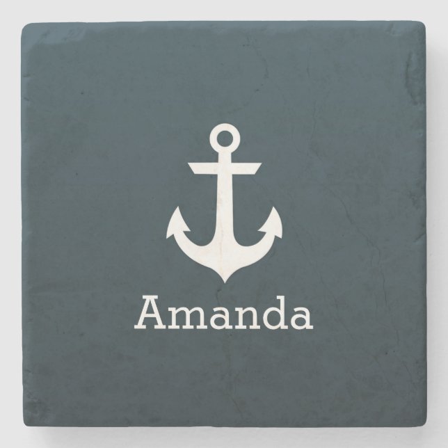 Nautical White Anchor Blue Ombre Personalised Name Stone Coaster (Front)