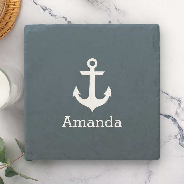 Nautical White Anchor Blue Ombre Personalised Name Stone Coaster (Creator Uploaded)