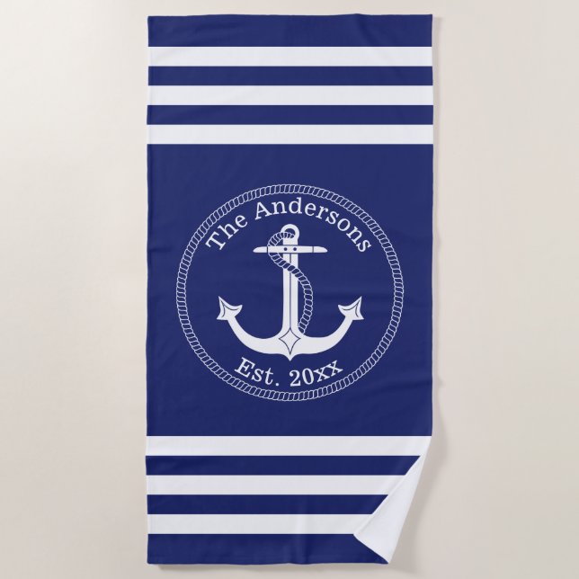 Nautical White Anchor Family Name Choose Colour Beach Towel (Front)