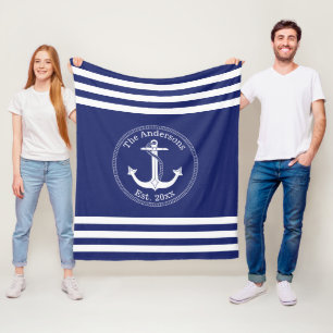 Nautical White Anchor Family Name Choose Colour Fleece Blanket