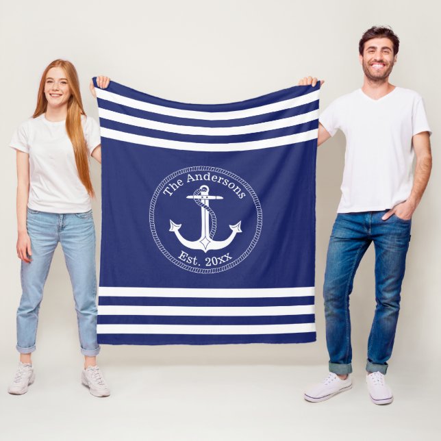 Nautical White Anchor Family Name Choose Colour Fleece Blanket (In Situ)