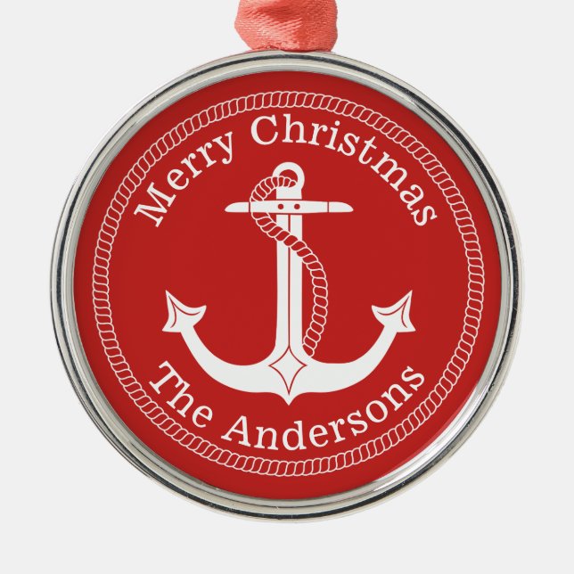 Nautical White Anchor Family Name Christmas Metal Tree Decoration (Front)