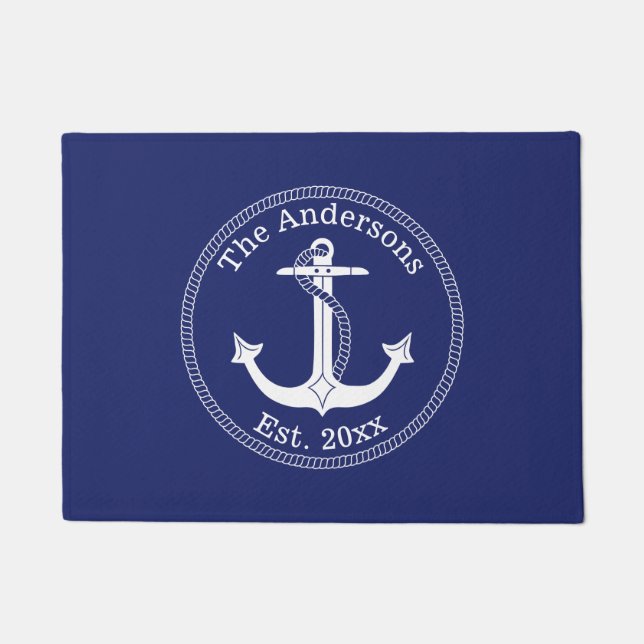Nautical White Anchor Family Name Doormat (Front)