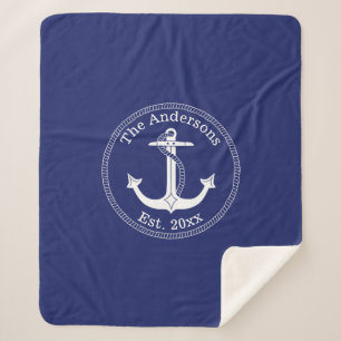 Nautical White Anchor Family Name Sherpa Blanket