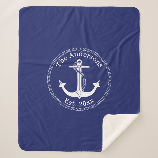 Nautical White Anchor Family Name Sherpa Blanket (Front)