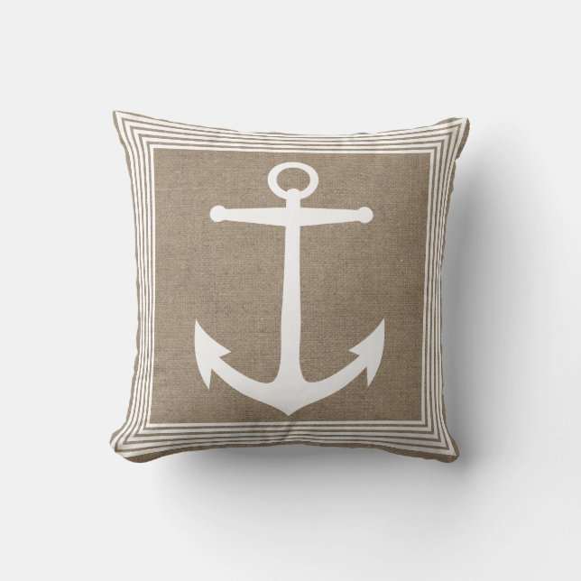 Nautical White Anchor & Faux Burlap Cushion (Front)