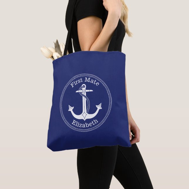 Nautical White Anchor First Mate Personalised Tote Bag (Close Up)