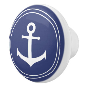 Nautical   White Anchor in Dark Blue Circle Ceramic Knob