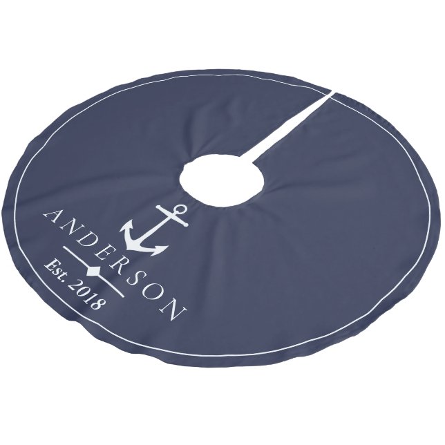 Nautical White Anchor & Navy Blue | Personalised Brushed Polyester Tree Skirt (Angled)