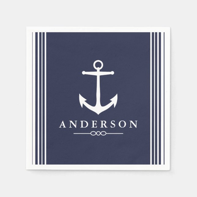 Nautical White Anchor & Navy Blue | Personalised Napkin (Front)