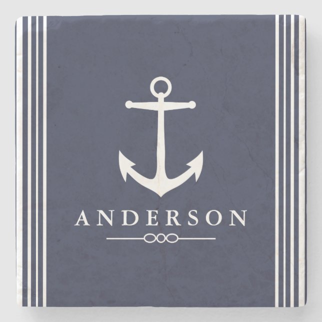 Nautical White Anchor & Navy Blue | Personalised Stone Coaster (Front)
