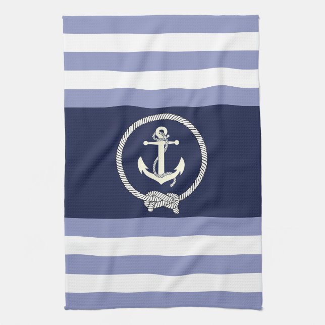 Nautical white anchor/navy knot/blue/white stripe tea towel (Vertical)